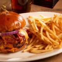 Bbq Bacon Burger · Half pound dry aged Angus beef patty, BBQ sauce, bacon, cheddar cheese, onion, brioche