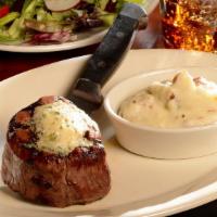 Filet Mignon 10Oz · 10oz USDA Angus beef, aged 28 days.  Served with mashed potatoes and bistro butter.