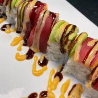 Cherry Blossom Roll · Spicy tuna, jalapeno top with tuna, avocado, spicy mayo, eel sauce and green onion
