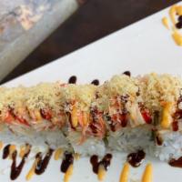 S18 Nara Roll · Shrimp tempura, avocado, cucumber top with spicy crab, eel sauce , spicy mayo and chrunch
