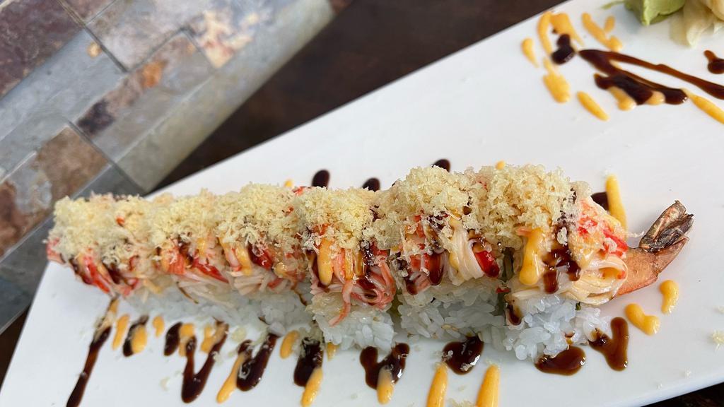 S18 Nara Roll · Shrimp tempura, avocado, cucumber top with spicy crab, eel sauce , spicy mayo and chrunch