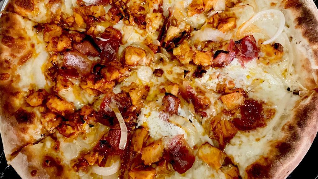 The Jimmy (White) · White pizza with mozzarella cheese, mascarpone  cheese, wood-fired BBQ chicken, bacon, onions and a sprinkle of oregano.