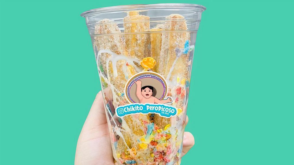 Churros- Fruity Pebbles · 4 Regular Churro Sticks with condensed milk and fruity pebbles