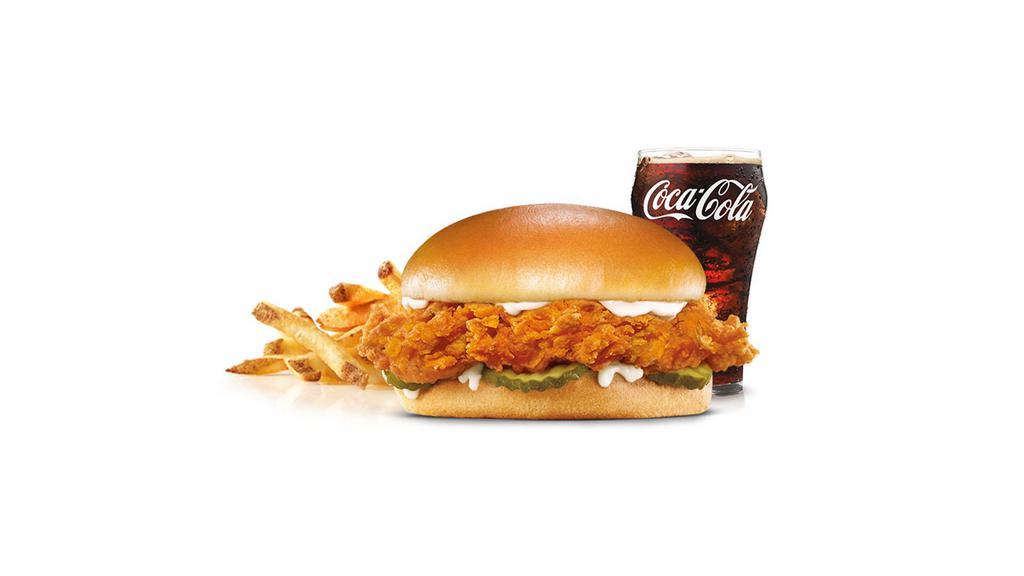 Hand-Breaded Chicken Sandwich (Large Combo) · Potato bun, mayo and deli pickles and come with a fry and large soft drink. with fries.