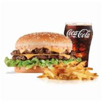 The Big Carl (Small Combo) · Seeded bun, 2 patties, classic sauce, lettuce and cheese and come with a fry and small soft ...
