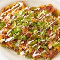 Loaded Cheese Fries · Seasoned fries, cheese, bacon, onion, jalapenos and sour cream.