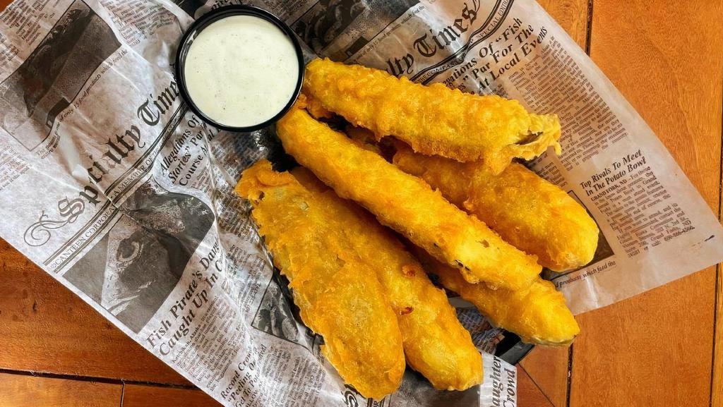 Hand-Battered Pickles · Dill spears, hand-battered and fried, served with ranch.