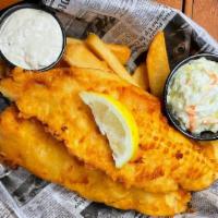 Famous Fish & Chips - Traditional British Style · Hand-battered and fried. Served with steak fries or choice of side, a side garnish of colesl...