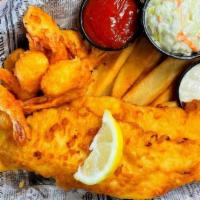 Shrimp & Fish Platter · Jumbo shrimp hand-battered and fried with our traditional British style fish served with ste...
