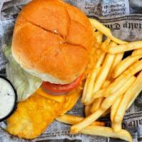 Fish Sandwich Hob Nob Style · Our white fish, hand-battered and deep-fried topped with American cheese and served on a hon...