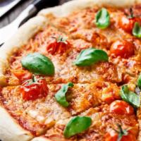 Margherita Pizza · Hand rolled pizza dough topped with a layer of
Roma tomatoes and fresh mozzarella baked to
p...