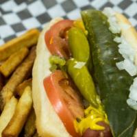 Hot Dog With Fries · Vienna beef hot dog on a bun with fresh cut fries and your choice of mustard, onion, relish,...