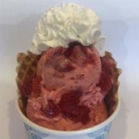 Strawberry Sigma Ice Cream · Strawberry, vanilla and marshmallow cream ice cream with strawberries and whipped cream in a...