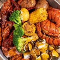 Platter# H · Lobster tail (3 pieces), clams (1 lb), crawfish (1 lb).