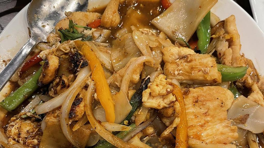 Pad Kee Mao (Drunken Noodles) · Choice of protein stir-fried wide rice noodles, bell peppers, sliced onions and garlic chili sauce. Chicken, Beef, Pork or Veggies. Add shrimp for an additional charge.
