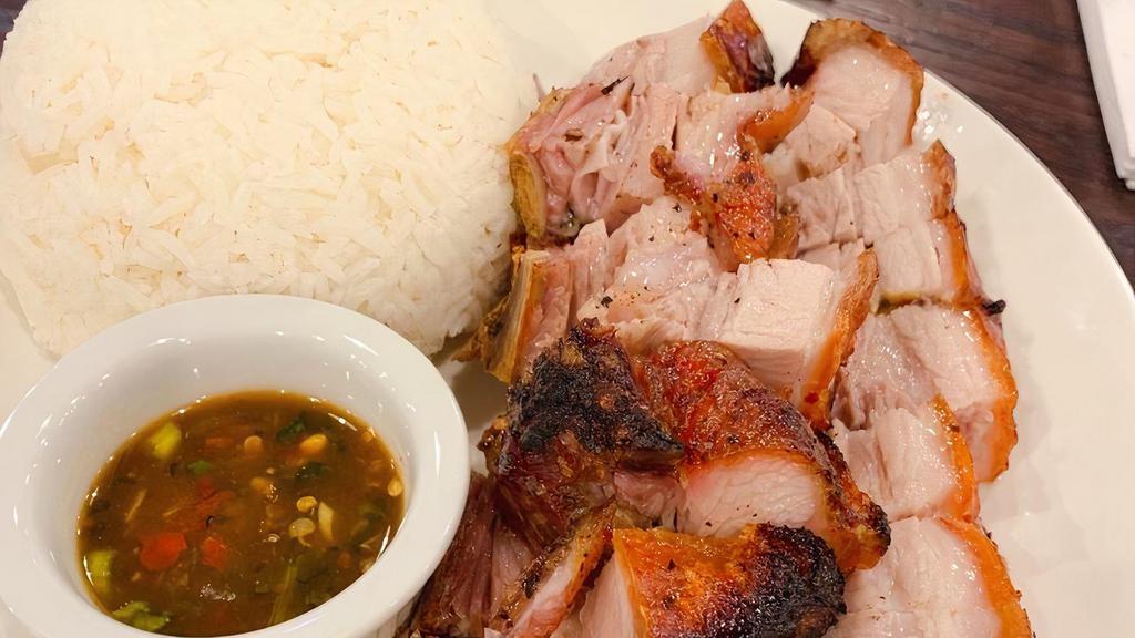 Roast Pork · Marinated crispy roast pork with steamed rice and house special spicy sauce.