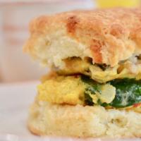 Veggie Scramble Sandwich · Two eggs, spinach, mushrooms, red bell peppers, onions, goat cheese.