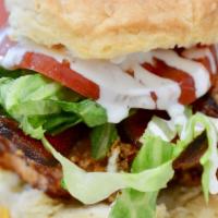 Club Sandwich · Fried chicken, bacon, cheddar, lettuce, tomato, ranch.