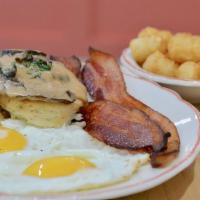 Truck Stop · Two eggs, bacon, ham, or sausage, tater tots, biscuit and gravy.