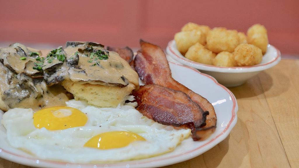 Truck Stop · Two eggs, bacon, ham, or sausage, tater tots, biscuit and gravy.