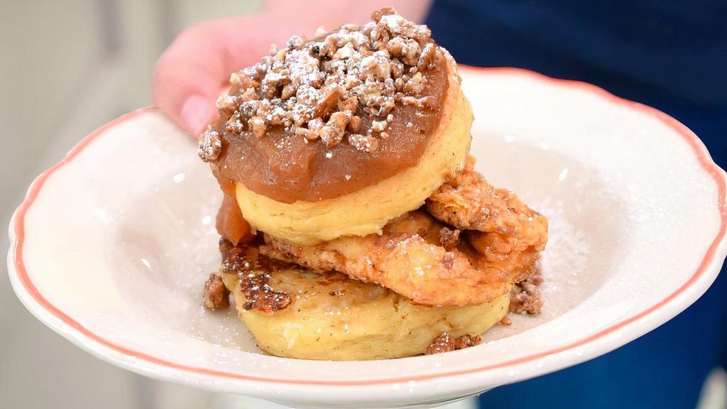 French Hen · Fried chicken breast, french toast biscuit, apple butter, powdered sugar, pecans