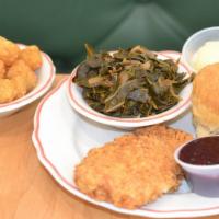Fried Chicken Plate · Fried chicken breast, collard greens, tater tots, biscuit, jam and honey butter.