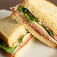 The Vinny · Cappicolla, ham, salami, your choice of cheese, red onion, green leaf lettuce, tomato, with ...