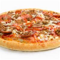 New York Deli Pizza · Spicy. Pepperoni, salami, spicy Italian sausage, Canadian bacon, ham, lean ground beef, and ...