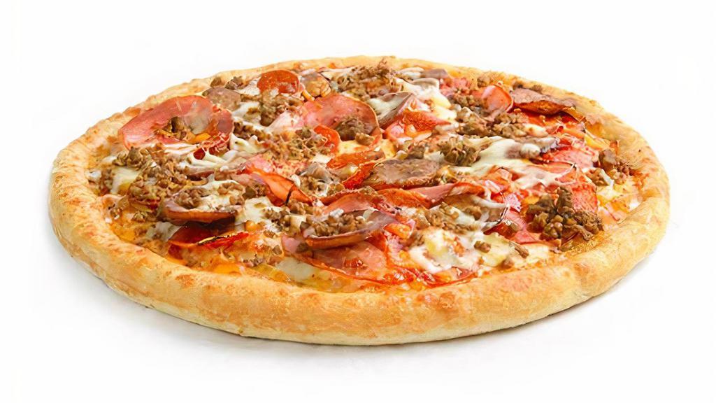 New York Deli Pizza · Spicy. Pepperoni, salami, spicy Italian sausage, Canadian bacon, ham, lean ground beef, and mozzarella cheese.