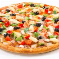 Vegetarian Pizza · Green peppers, onions, fresh tomatoes, mushrooms, black olives, sweet pineapple and mozzarel...
