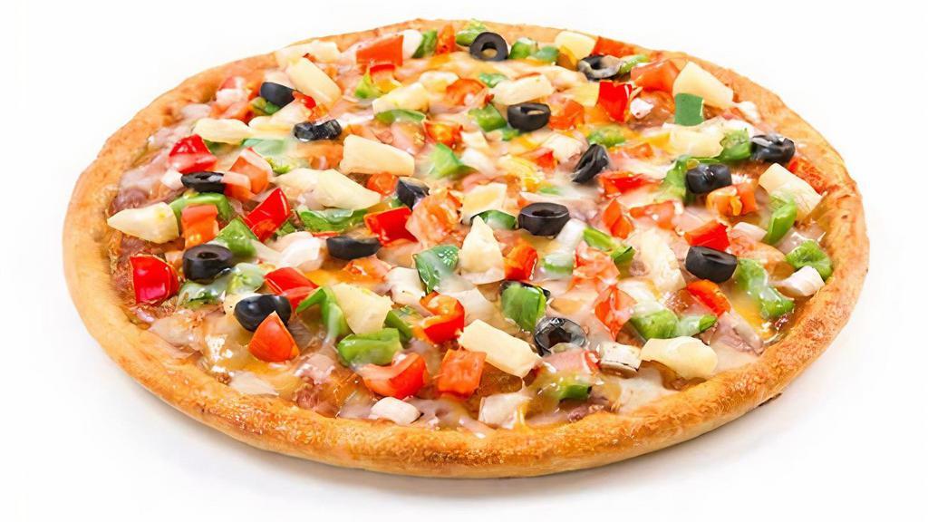 Vegetarian Pizza · Green peppers, onions, fresh tomatoes, mushrooms, black olives, sweet pineapple and mozzarella cheese.