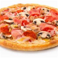 Canadian Classic Pizza · Smoked bacon, pepperoni, Canadian ham, mushrooms, and mozzarella cheese.