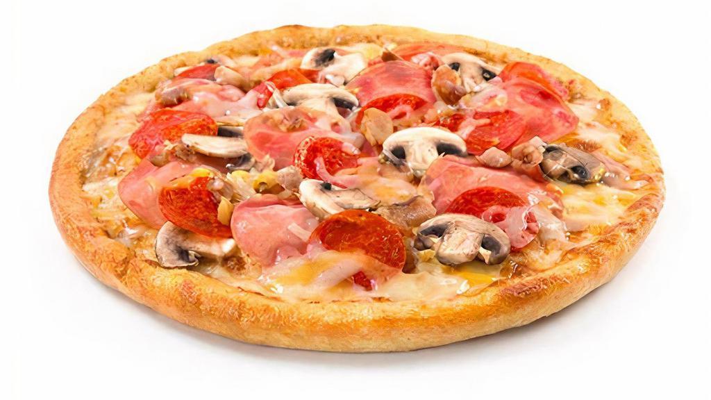 Canadian Classic Pizza · Smoked bacon, pepperoni, Canadian ham, mushrooms, and mozzarella cheese.