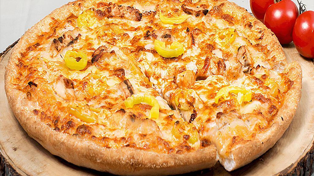Buffalo Ranch Chicken · Sarpino's traditional pan pizza baked to perfection and topped with Ranch and Buffalo-style hot sauce base, grilled chicken strips, Parmesan cheese, banana peppers, and gourmet cheese blend.