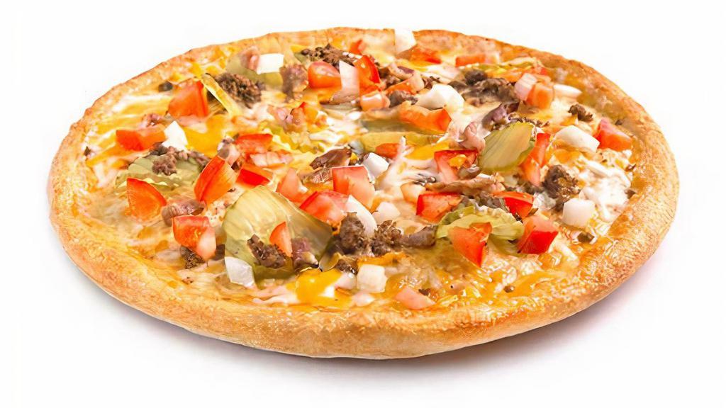 Bacon Cheeseburger · Sarpino's traditional pan pizza baked to perfection and topped with crispy bacon, lean ground beef, fresh onions, juicy pickles, ripe tomatoes, melty cheddar, and our signature gourmet cheese blend.