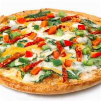 Pesto Veggie Pizza · Sun-dried tomatoes, red and green peppers, fresh spinach leaves, onions, roasted garlic ched...