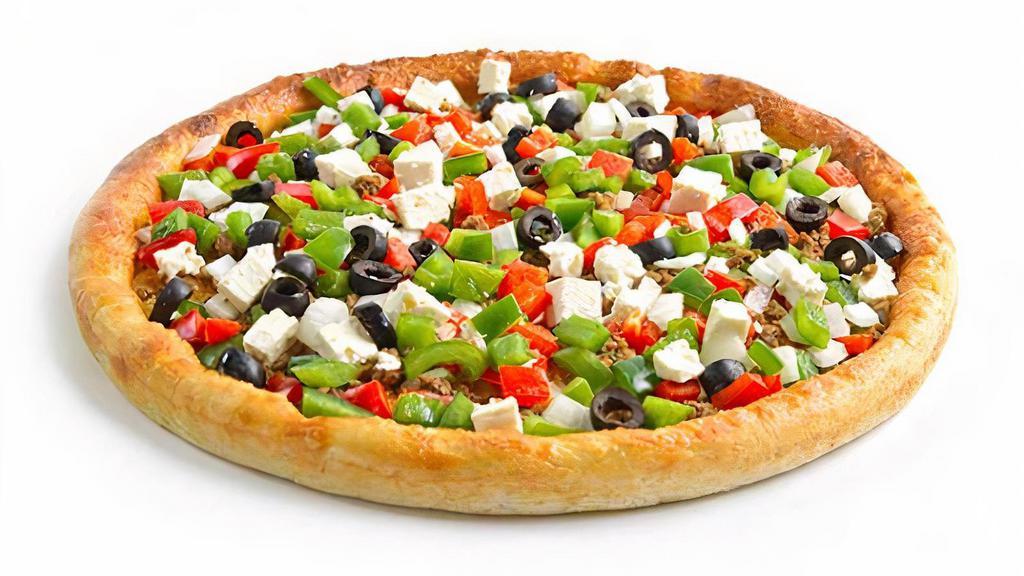 Greek Pizza · Feta cheese, fresh tomatoes, lean ground beef, black olives, onions, green peppers, and mozzarella cheese.