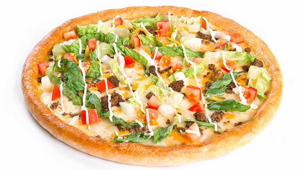 Super Taco Pizza · Chunky salsa, lean ground beef, onions and mozzarella cheese, baked in the oven then loaded with sour cream, lettuce, tomatoes, and cheddar cheese.