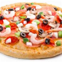 House Special Pizza · Canadian ham, pepperoni, button mushrooms, onions, black olives, green pepper, baby shrimp, ...