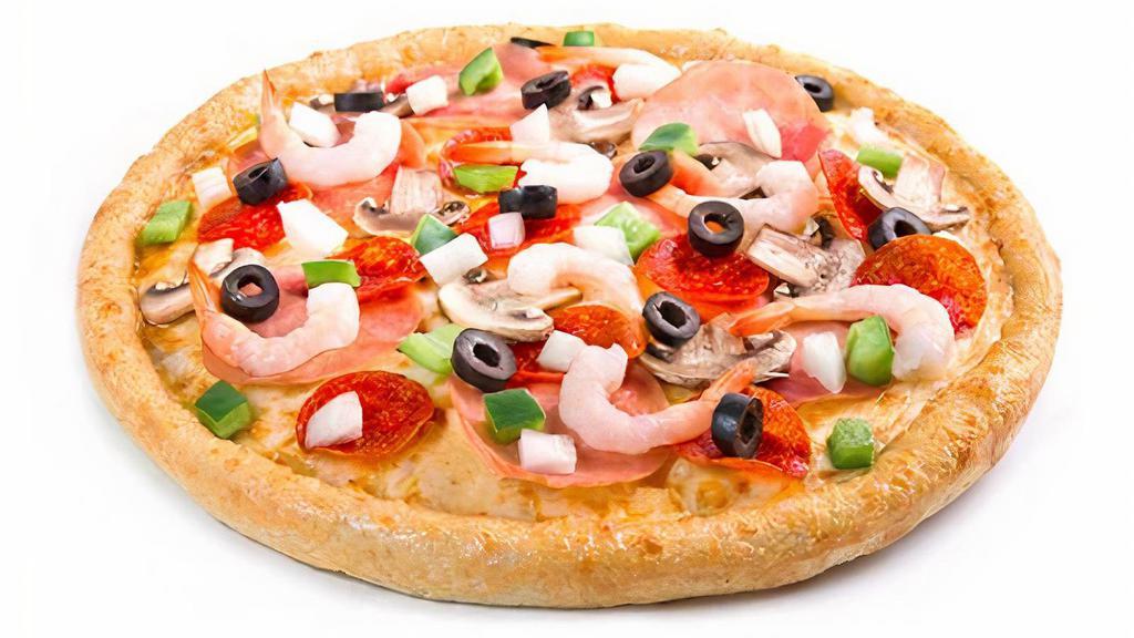 House Special Pizza · Canadian ham, pepperoni, button mushrooms, onions, black olives, green pepper, baby shrimp, and mozzarella cheese.