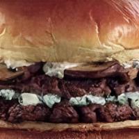That Steakhouse Burger Double · Blue Cheese, grilled mushrooms and peppercorn mayo on a brioche bun.