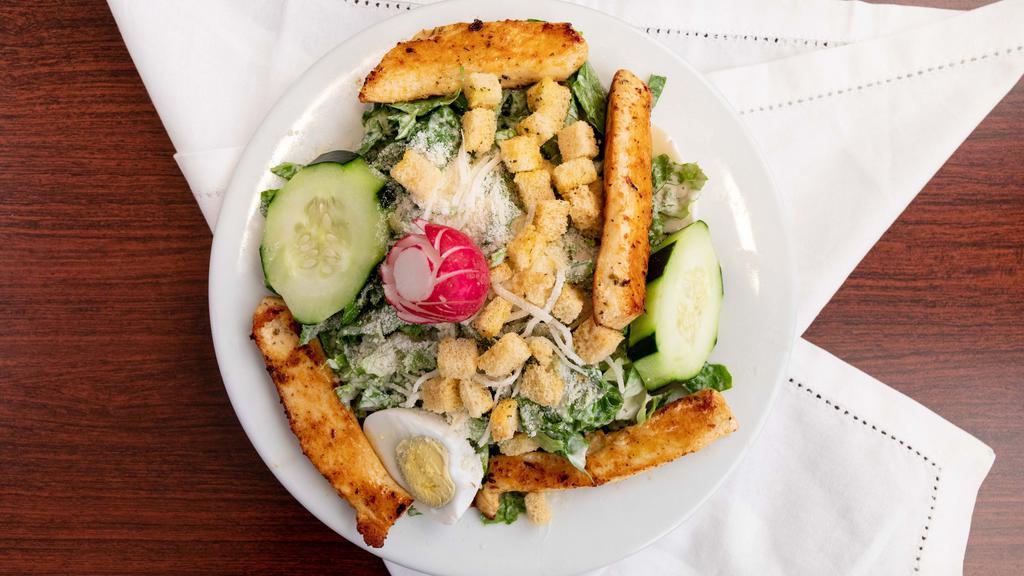 Chicken Caesar Salad · Romaine lettuce, parmesan cheese, hard boiled egg and our homemade Caesar dressing, topped with croutons.