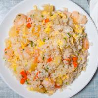 Pineapple Fried Rice · Shrimp, Pineapple and mix vegetables 
Made with no soy sauce