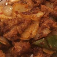 Chicken Chilli · Deep fried boneless chicken with bell peppers, chillies, onion, garlic and homemade special ...