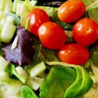 House Green Salad · Lettuce, spring mix, cherry tomato and cucumber with ginger dressing.