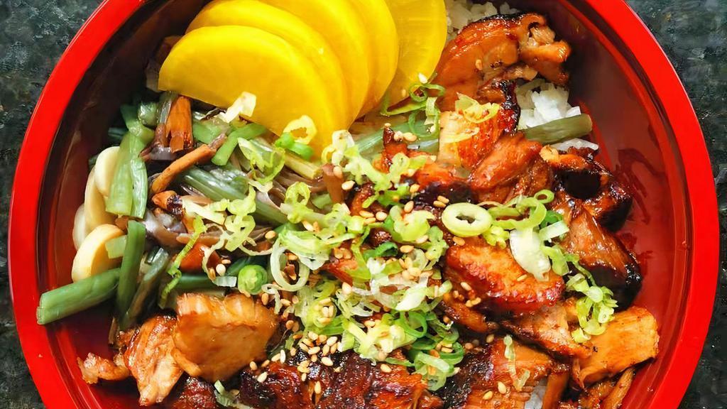 Chashu Don · White rice, topped with pork chashu, oshinko, steamed mix vegetable, sacllion, sesame seed and chashu sauce