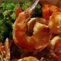 Shrimp Teriyaki Bowl · White rice, Topped with 10pcs shrimp teriyaki, broccoli, carrot and teriyaki sauce