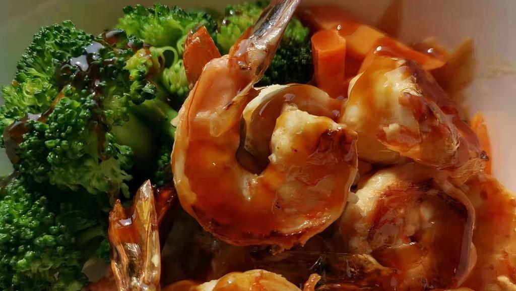 Shrimp Teriyaki Bowl · White rice, Topped with 10pcs shrimp teriyaki, broccoli, carrot and teriyaki sauce