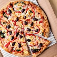 Mediterranean Veggie · New. Baby spinach, red onions, kalamata olives, roasted red peppers, mozzarella, and feta ch...