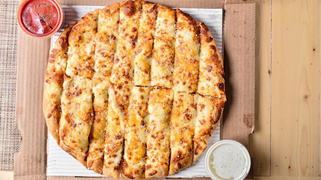 Cheesy Breadsticks (16) · Freshly baked breadsticks topped with mozzarella, cheddar and Parmesan, garlic butter. Add pizza toppings or premium toppings for an additional charge.